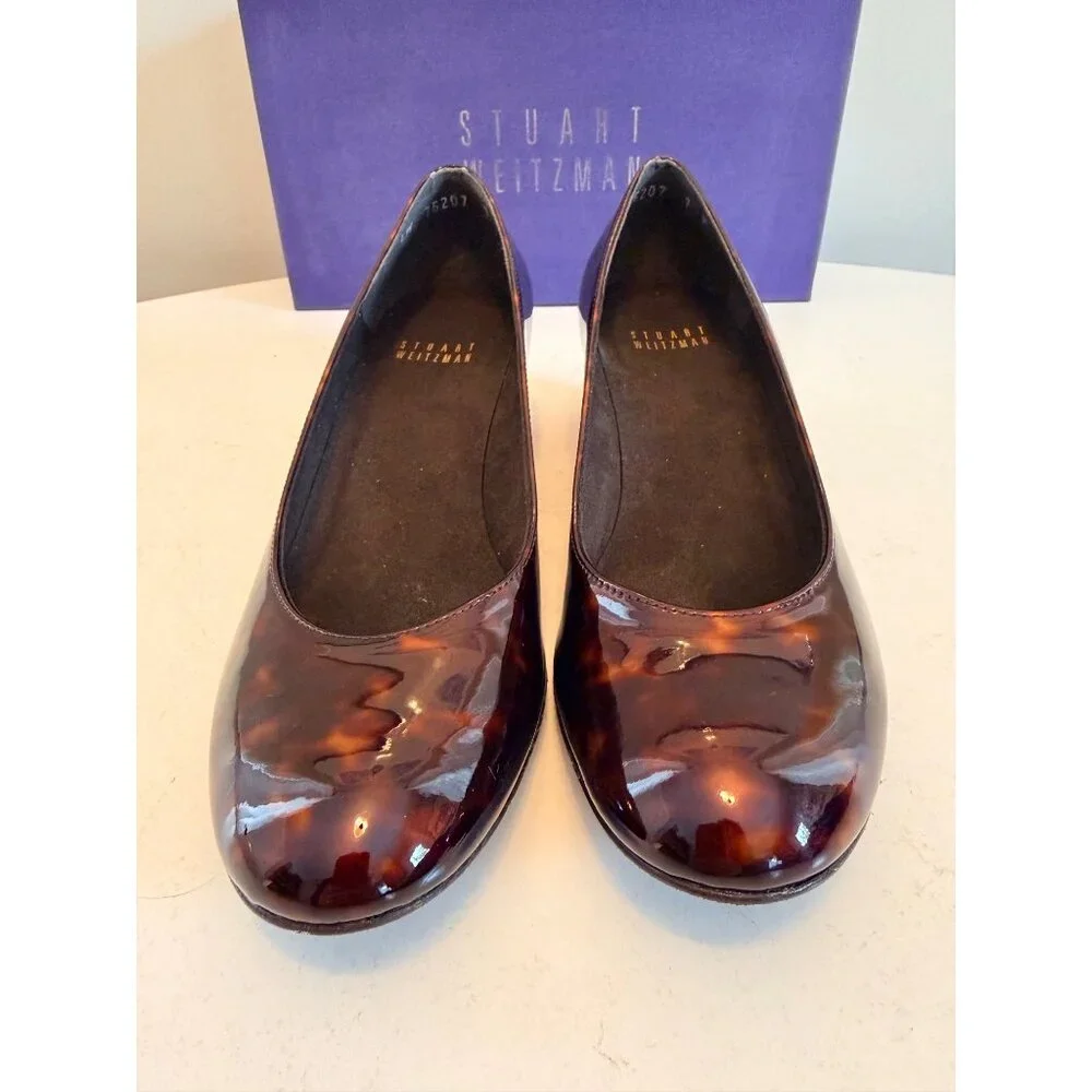 Stuart Weitzman Nusimple Cognac Tartaruga Patent Leather Wedge Shoes 7M With Box - Picture 11 of 16